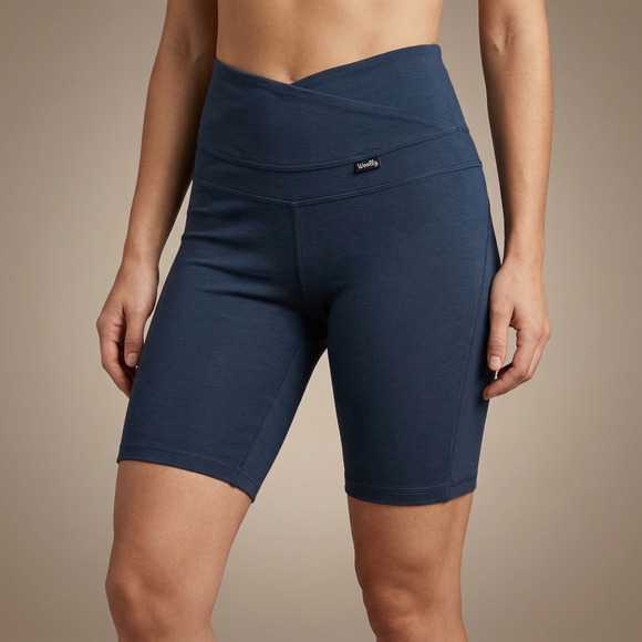 Woolly Pants - Woolly Women's Merino Wool Biker Shorts Crossover High Waist Navy Blue Size S